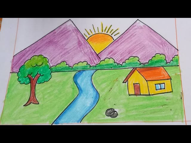 Scenery drawing | How to draw beautiful landscape scenery | Village scenery drawing