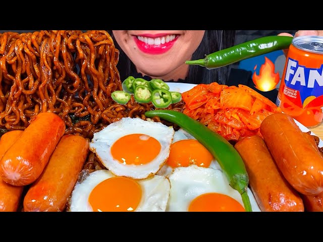 ASMR BLACK BEAN NOODLES, CHICKEN SAUSAGES, EGGS, KIMCHI, SEAWEED MASSIVE Eating Sounds