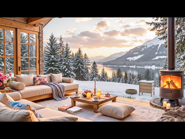 Cozy Winter Cabin view Snowy Mountain ❄ Soothing Jazz Music & Crackling Fireplace to Unwind & Focus