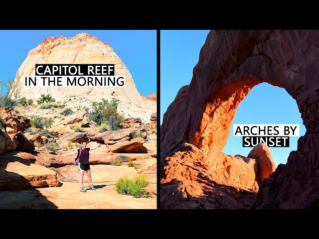 Capitol Reef Scenic Drive, Capitol Gorge hike, Fiery Furnace Permits and Arches Windows at Sunset