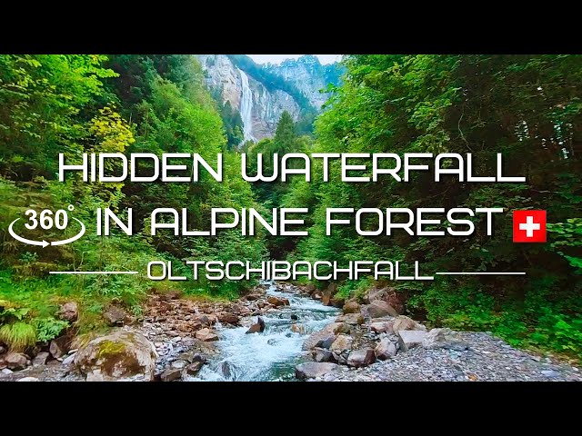 Secret places in Switzerland. Oltschibachfall is a waterfall hidden in the alpine forest/360°/VR/5K