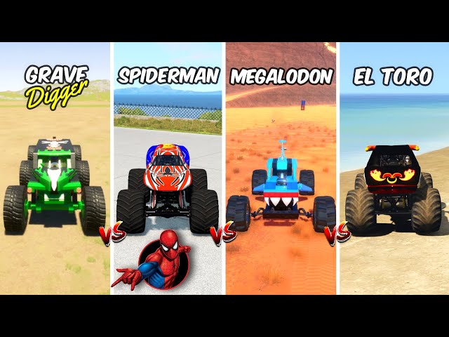 MONSTER JAM TRUCK MEGALODON vs GRAVE DIGGER vs SPIDERMAN vs EL TORO LOCO - GTA 5 | BEAMNG.DRIVE