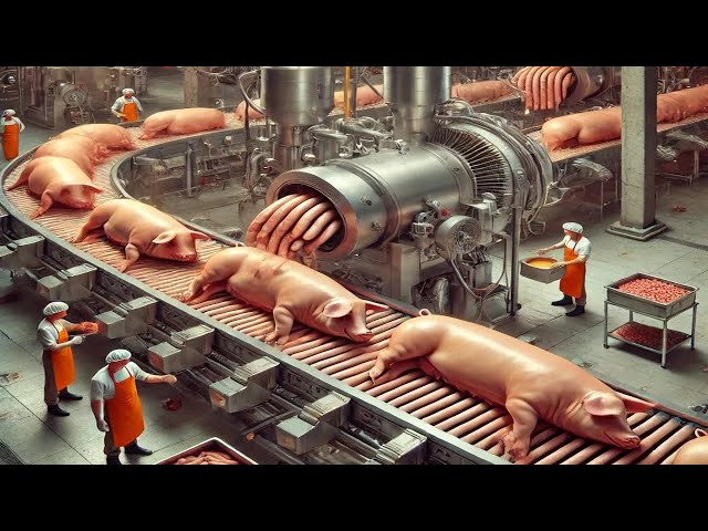 pig farming and processing process in modern factory, farm raising thousands of giant pigs!