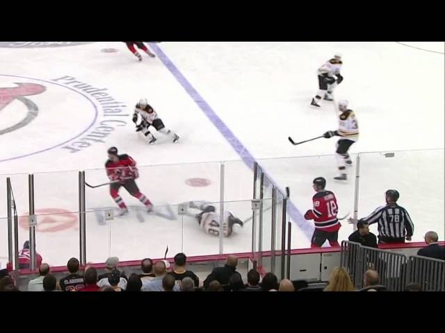 Adam Henrique cheapshots David Krejci's knee w/SlowMo 4/10/13