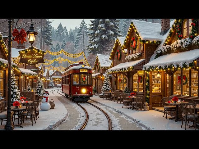 Christmas Train Station Town Streets🎄Holiday Jazz, Warm Café & Snowy for Perfect Festive Ambience❄️