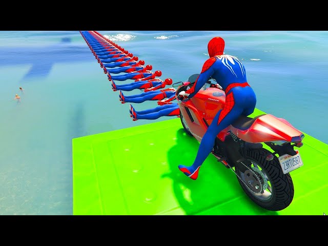 Superheroes on a motorcycle ride over the sea along the Spider-Man Bridge GTA 5