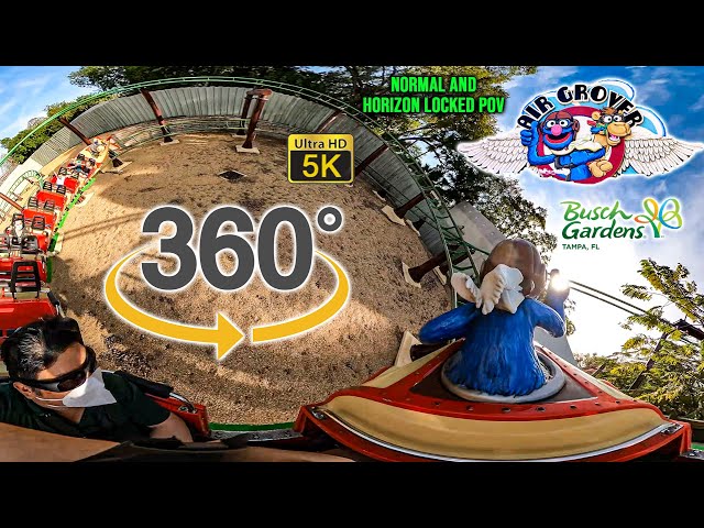 VR 360 5K Air Grover Roller Coaster Normal and Horizon Locked POV Busch Gardens Tampa 2021 03 02