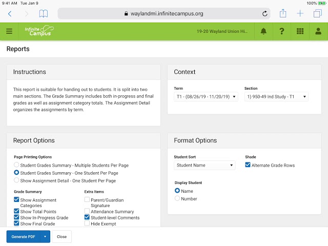 Infinite Campus Student Summary Report