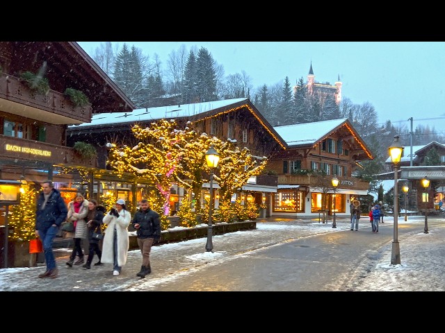 Gstaad Snowfall Christmas lights Walk 2024 December ❄️ 🎄 🌨 4K Winter Switzerland Snow Walking Tour🇨🇭