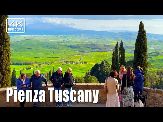 🇮🇹 Panorama views of Tuscany from hilltop town Pienza, walking tour Spring 4K HDR (subtitles)