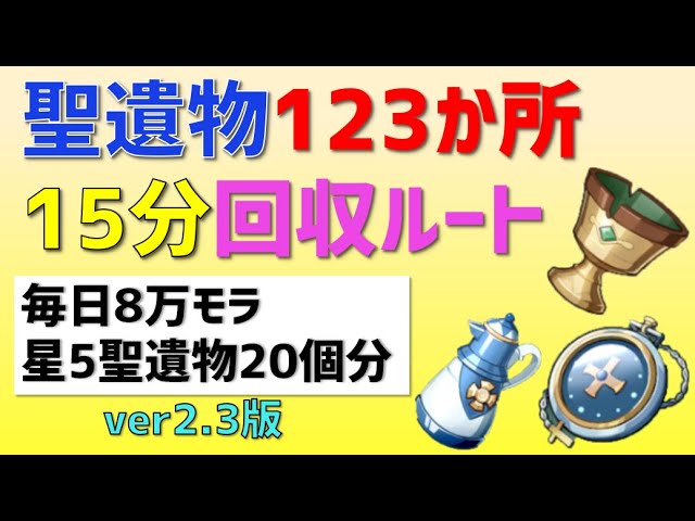 「聖遺物123か所を15分で回収するルート」　毎日15分で8万モラ、星5聖遺物20個分回収する方法【ver2.3版】　モンド、璃月、稲妻　攻略　原神　 Genshin impact