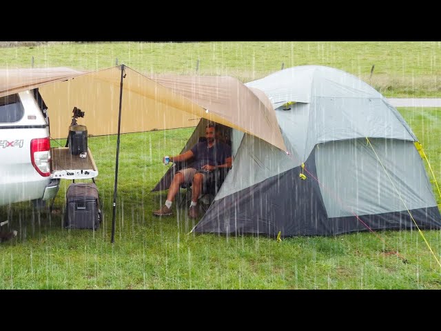 Car CAMPING in RAIN with TRUCK by BEACH - waves asmr