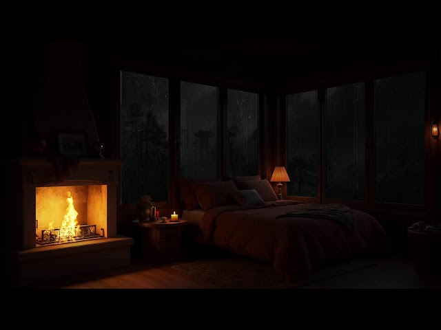 Calming Rain Sounds for Sleeping | Escape Insomnia Symptoms in a Warm Room with a Fire