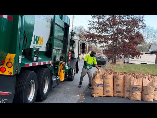 Waste management MSL garbage truck packing out on very heavy fall yard waste