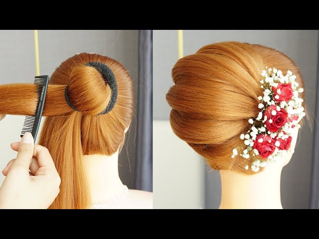 New French Bun Hairstyle With Donut - Easy Hairstyle For Wedding And Party