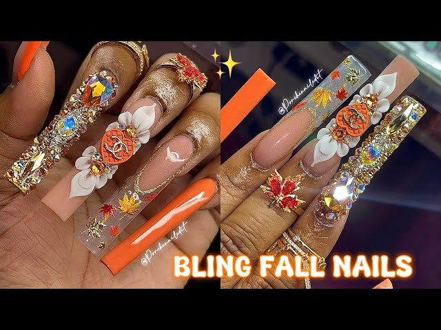 FALL NAILS 🍁🍂✨ HOW TO 3D FLOWER | FULL BLING NAIL CRYSTAL PLACEMENT 💎 ACRYLIC NAIL TUTORIAL