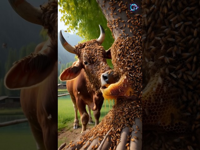 Bees attack on a hungry cow saved by rescuers #humanity #animals #cow #honeycomb #beesattack