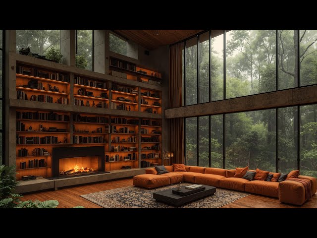 Warm Jazz Instrumental Music at Cozy Forest Living Room Ambience - Smooth Jazz, Rain Sounds for Calm