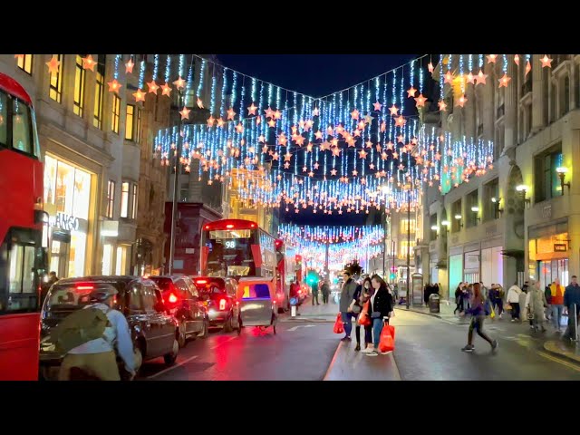 London Oxford Street NEW Christmas Lights ✨ Starry Rainy Night Walk 2021 [4K HDR]