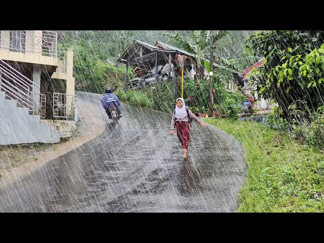 Walking in heavy rain hit Indonesia's villages 3 hours, heavy rain very cold, rain sounds for sleep