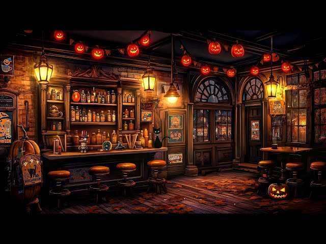 Vintage Coffeehouse Halloween Ambience | City Rain and Thunderstorm Sounds for Relaxation, Sleeping