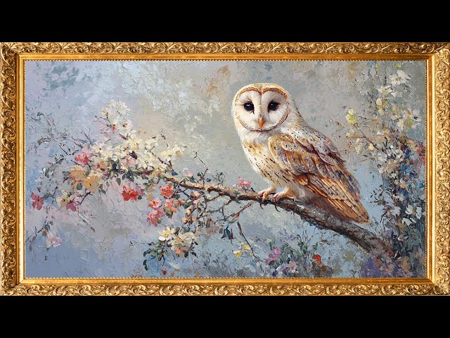 Vintage TV Art: Owl on a Branch in Spring | Gold Framed Oil Painting | 4K TV Art Screensaver