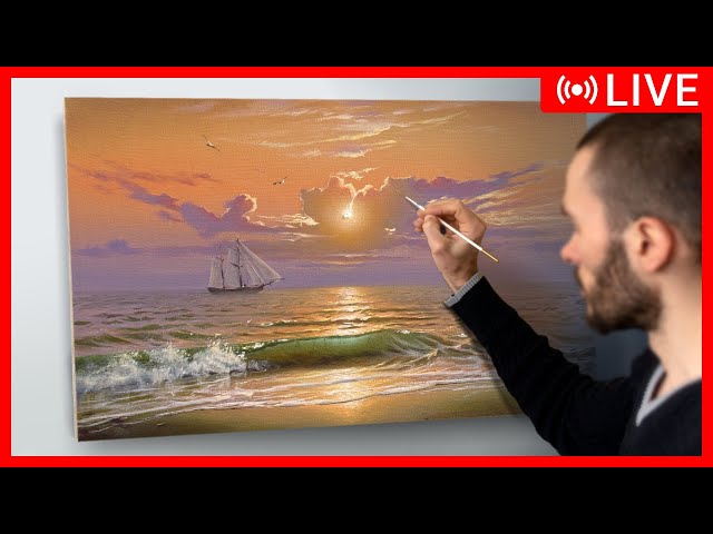 🔴 Acrylic Painting Tutorial - Evening Ocean / Easy Art / Drawing / music Malerei Landschaft  绘画 描画