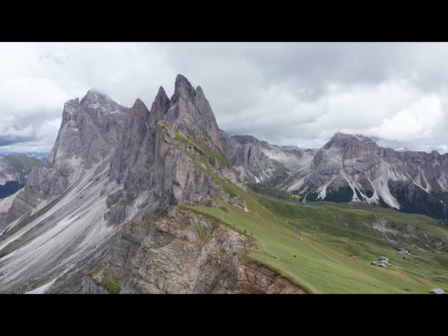 Alpine pasture of seceda ridgeline in scenic italian dolomites, aerial shot FREE STOCK VIDEO