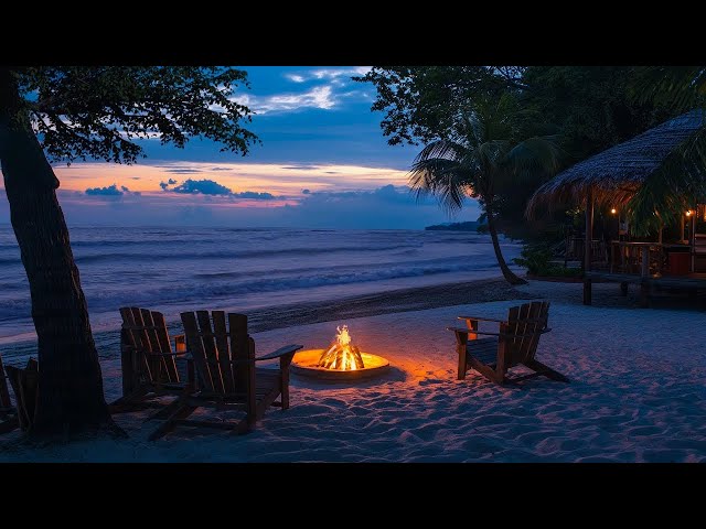 Quiet Beach At Dusk - Reduce Stress, Relax with Ocean Waves & Campfire Sounds, Night Nature Ambient