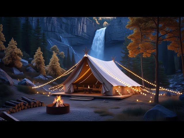 soothing relaxation and views of the tent, waterfall and fireplace