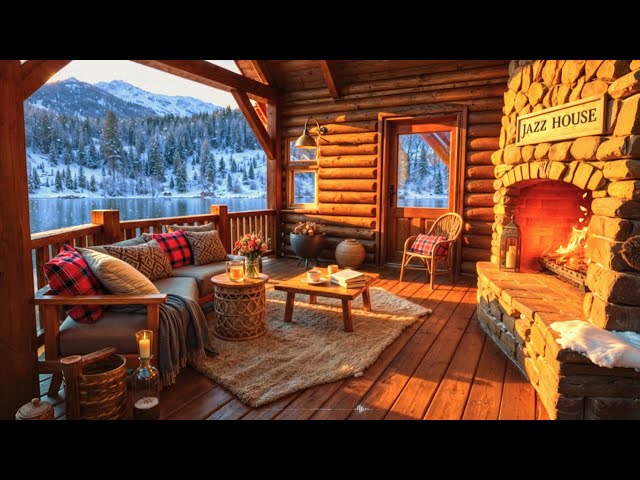 ❄️Relaxing Winter Jazz Music at a Cozy Morning Cabin Retreat Ambience with Warm Fireplace & Snowfall