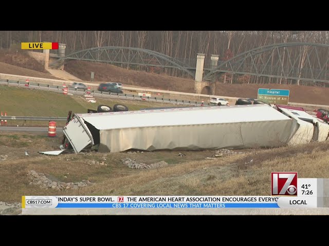 Tractor-trailer overturns on I-440, causing traffic standstill in Raleigh