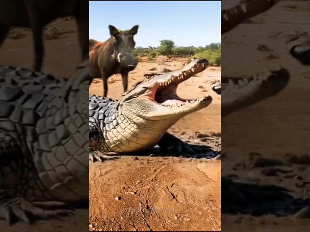 Epic Wildlife Moment warthog Locks Eyes with Crocodile