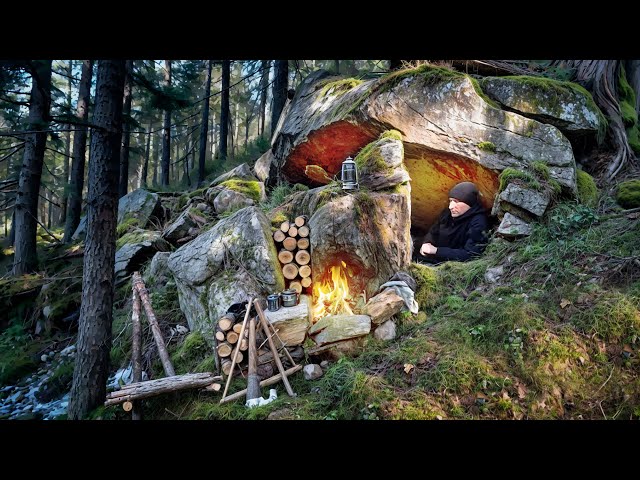 Building a Bushcraft Survival Shelter in a Rocky Cave | Winter Camping | ASMR