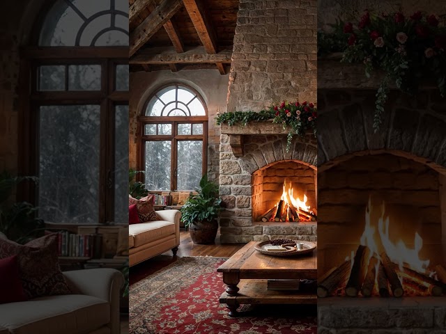 Cozy medieval haven with snowy views! #relax #fireplace#stressrelief #snow #lofi #relaxingmusic