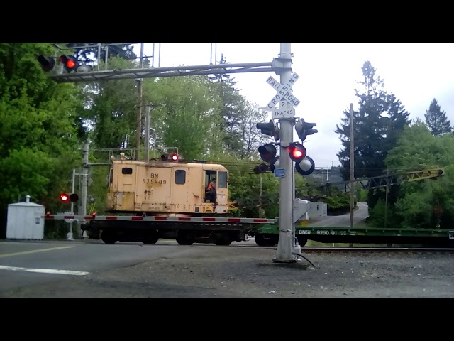 Burlington Northern RR rail crane going thru southbound! on May 3, 2019