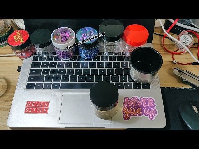 Wholesale plastic pet custom smell proof cool weed jars with holograph label stickers in bulk price.