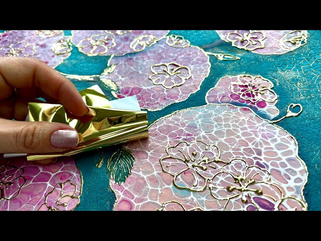 WOW! GOLDEN ACRYLIC POUR creative fluidart Cherry blossom PAINTING TUTORIAL SAKURA TREE