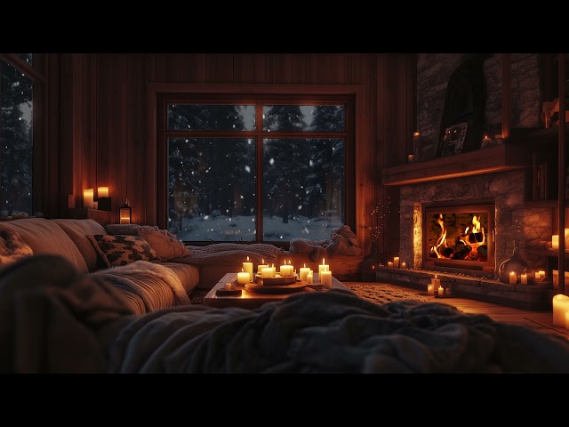 Warm Fireplace Room | Relaxing Piano & Holiday Ambience with Snow Falling for Sleep & Relaxation