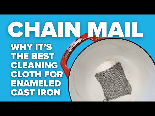 Yes, you can use chain mail on enameled cast iron. Here's the proof!