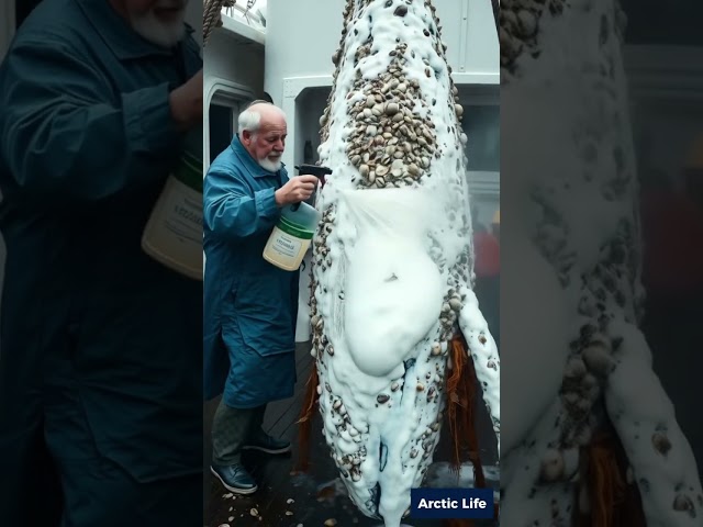 Old man shows kindness and removes barnacles from whale