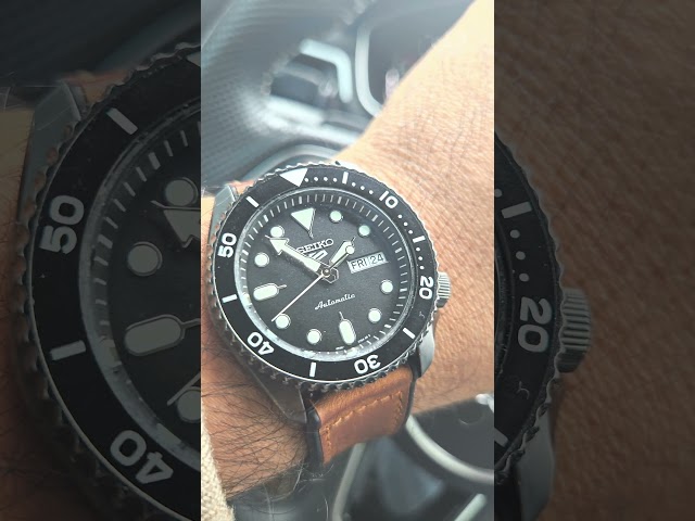 #SEIKO 5 Sport Metalic Black on Black Dial and Bezel with Brown Strap #sportwatch #watch