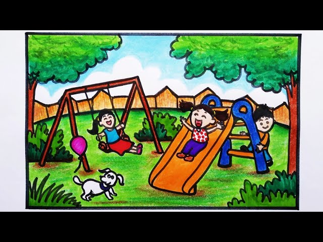 Park Drawing Easy || How To Draw Children Playing In The Park || Childrens' Playground Drawing