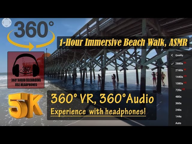 One hour beach walk ASMR, Immersive VR Relaxing Ocean Waves Sleep Music [5K 360°, 360° Audio]