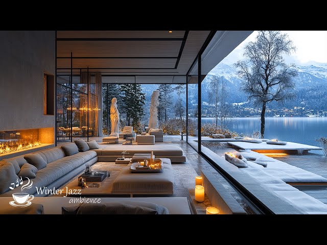 Cozy Living Room with Winter Ambience by the Lakeside ❄️ Smooth Jazz with Fireplace for Relaxation