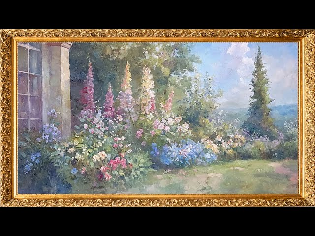 Vintage TV Art: Beautiful Flower Garden Oil Painting | Gold Framed TV Art | 4K Art Screensaver