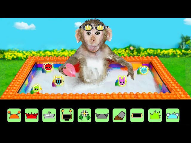 Monkey BeBe Adorable Bathing with the INCREDIBOX SPRUNKI Ball in the Giant Lego Bathtub| MONKEY BEBE