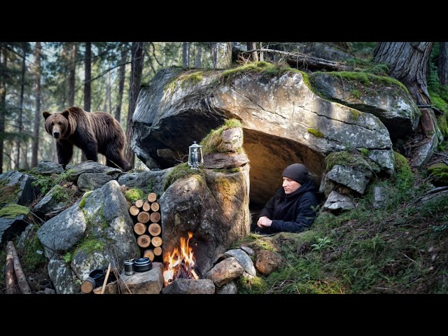 Building a Bushcraft Survival Shelter in a Rocky Cave | Winter Camping | ASMR