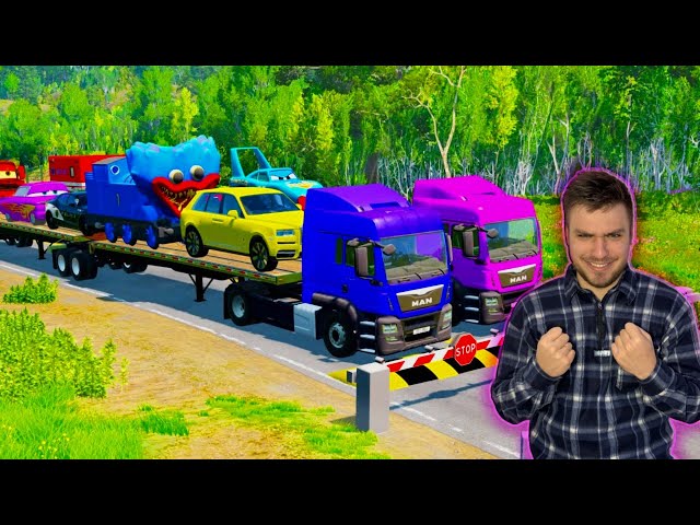 Flatbed Trailer Truck Potholes Transport Car Portal Trap Rescue - Cars vs Speed Bumps - BeamNG.drive