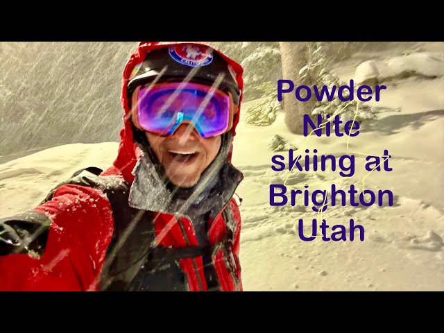 Night skiing in a snow storm blizzard at Brighton, Utah from the Crest lift, December 2024